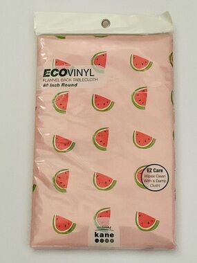 NIP ECOVINYL Pink Watermelon 60 Inch Round Flannel Back Easy Care Tablecloth